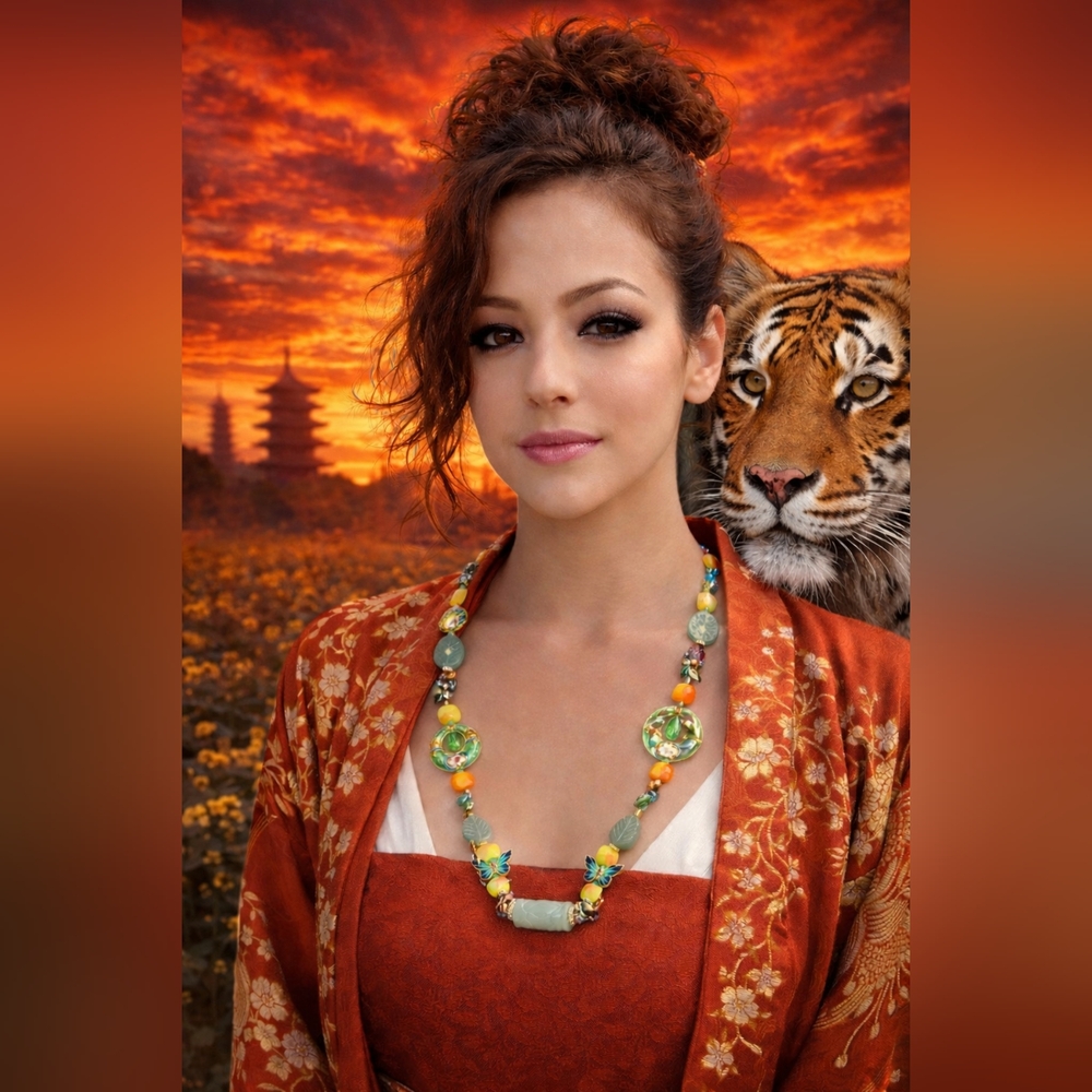 Artisan CARVED JADE, Cloisonnae Colorful Semi Precious & Keshi Pearl  Necklace